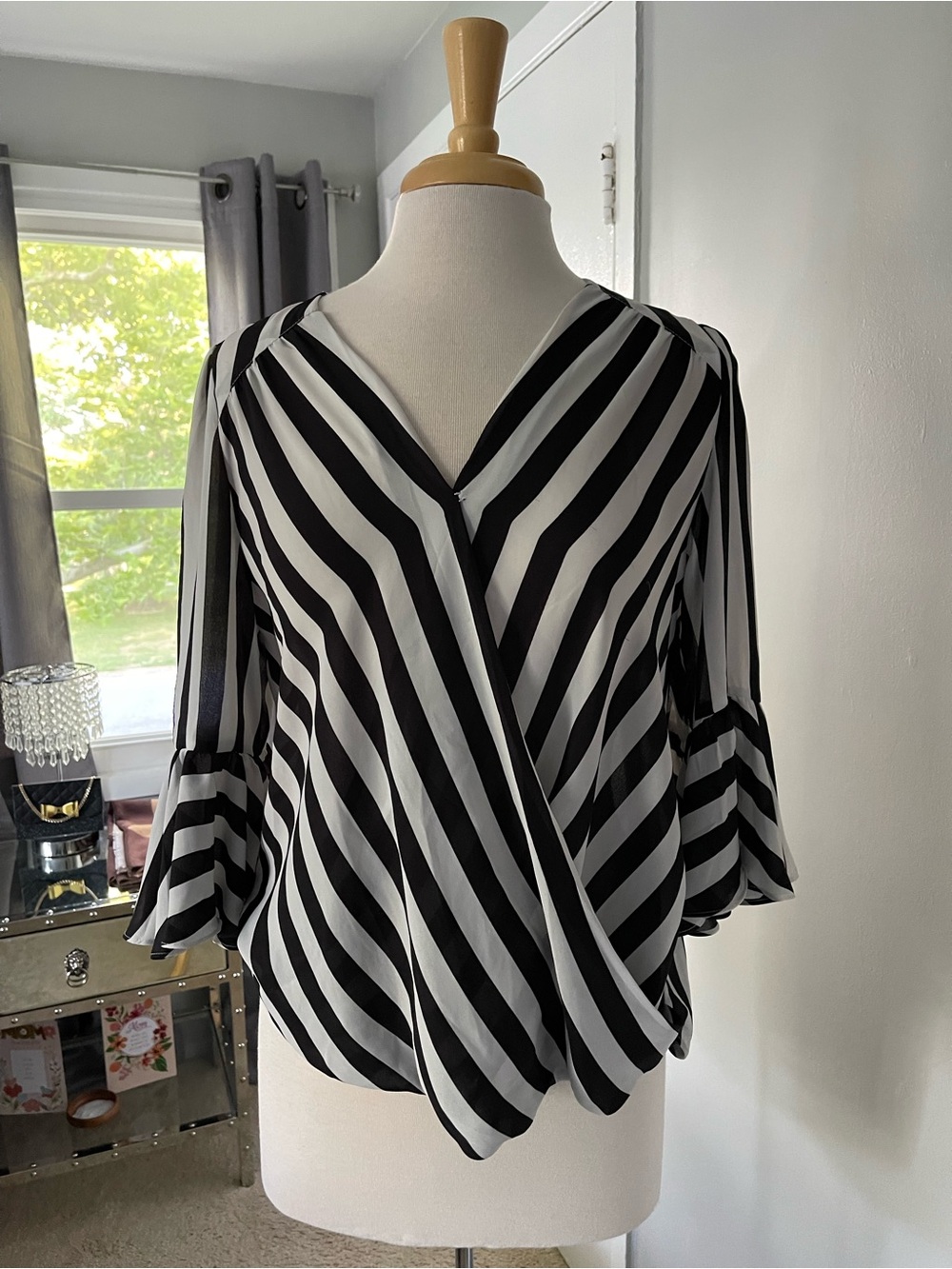INC International Concepts Black and White Striped Wrap-Front Blouse